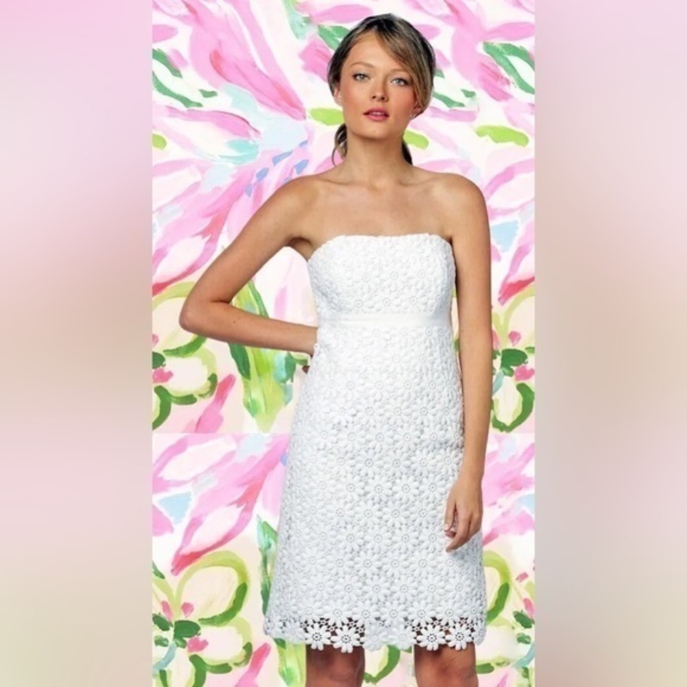 Lilly Pulitzer White “Bowen” Lace Strapless Vintage Floral Dress Size 4